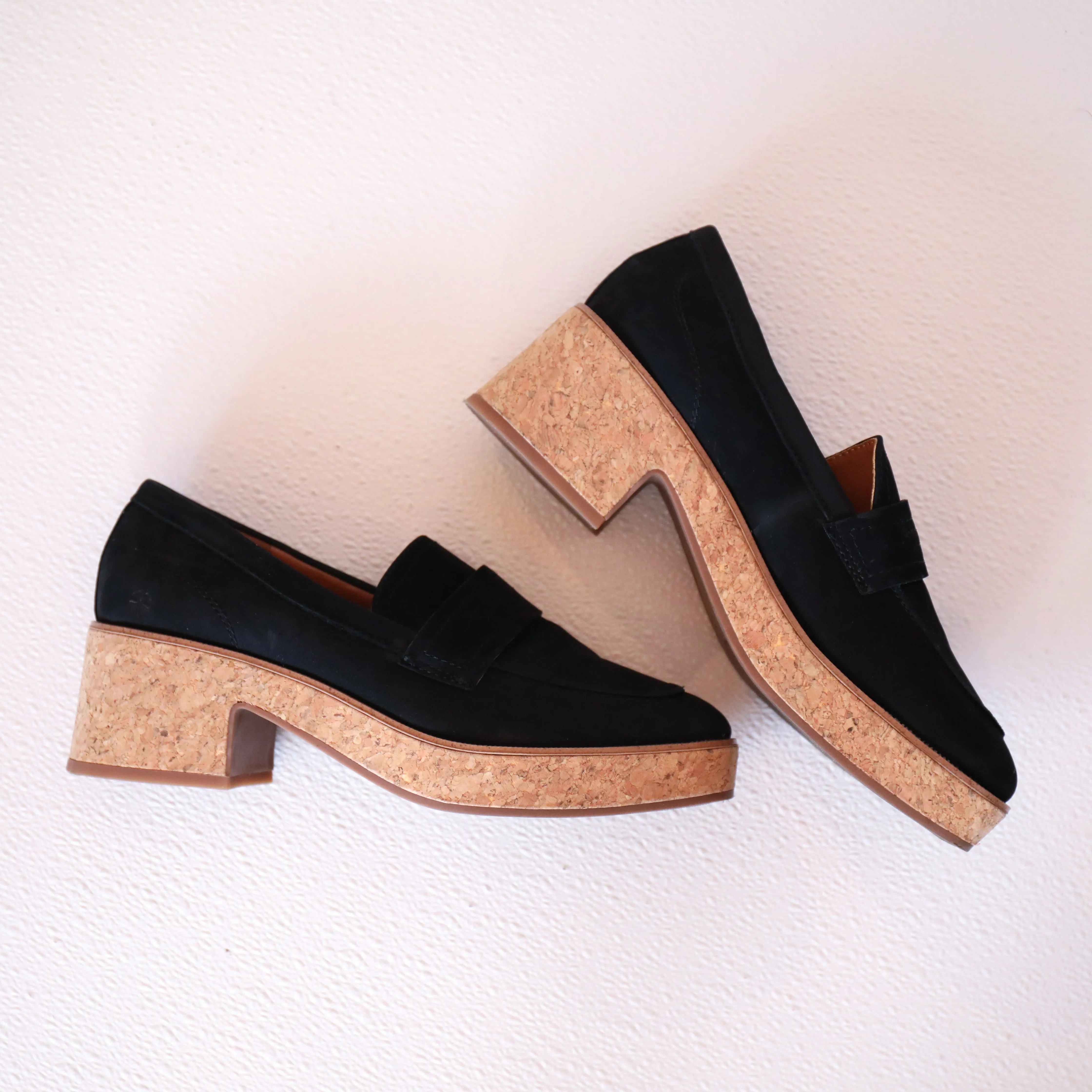 Lucky Brand Black Suede Cork Platform Loafers