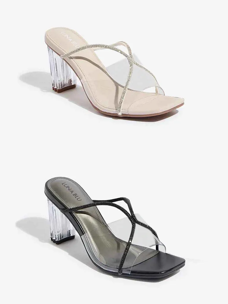LUNA BLU Black Diamante Embellished Vinyl Heel Sandals