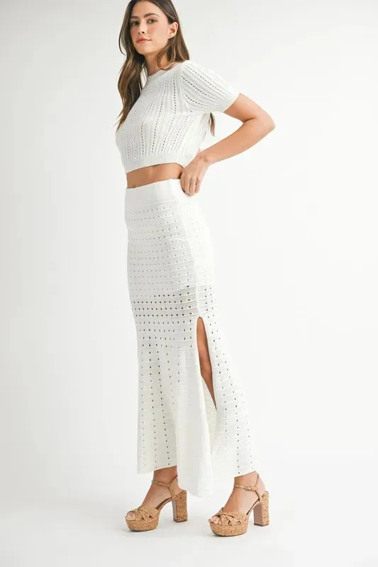 MABLE Pointelle Short Sleeve Crop Top and Slit Skirt Sweater Set