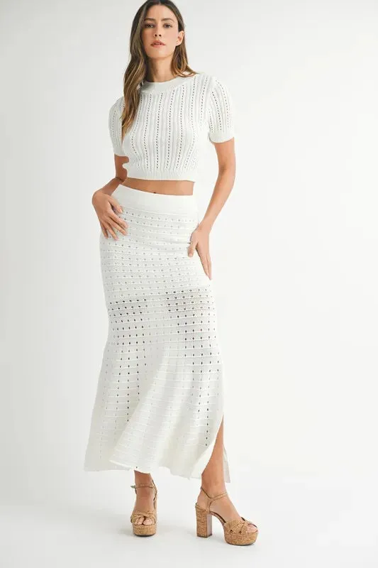 MABLE Pointelle Short Sleeve Crop Top and Slit Skirt Sweater Set
