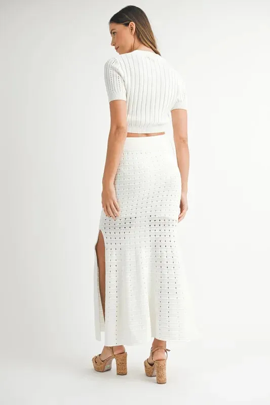 MABLE Pointelle Short Sleeve Crop Top and Slit Skirt Sweater Set