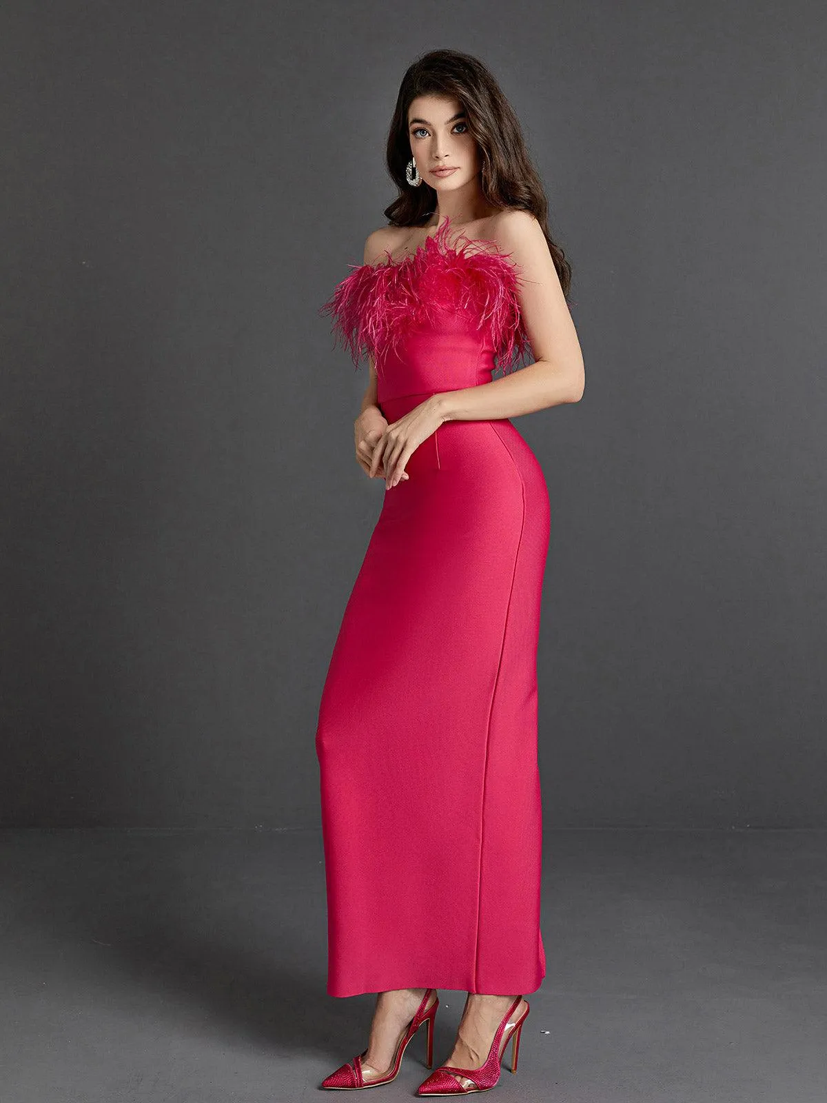 Mina Strapless Feather Trimmed Bandage Dress In Hot Pink