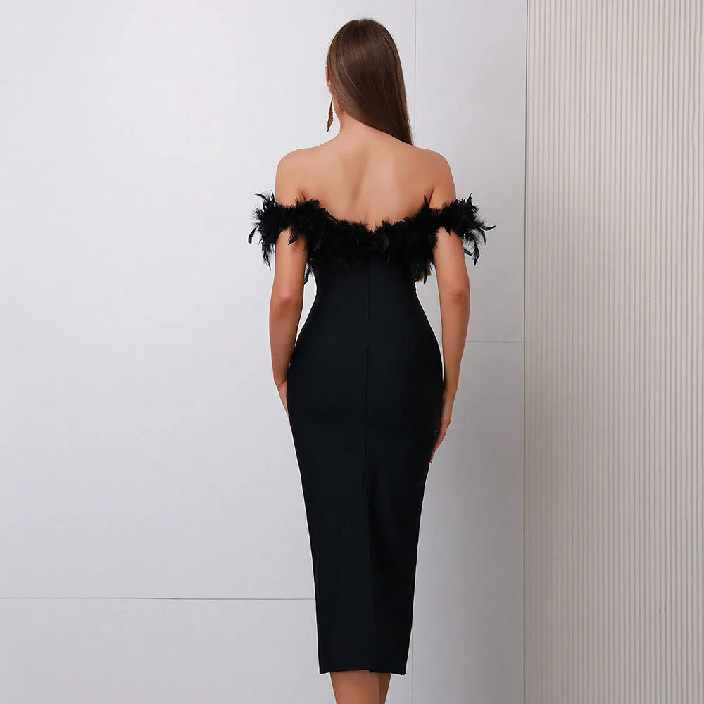 Modphy Feather Bandage Off-Shoulder Dress