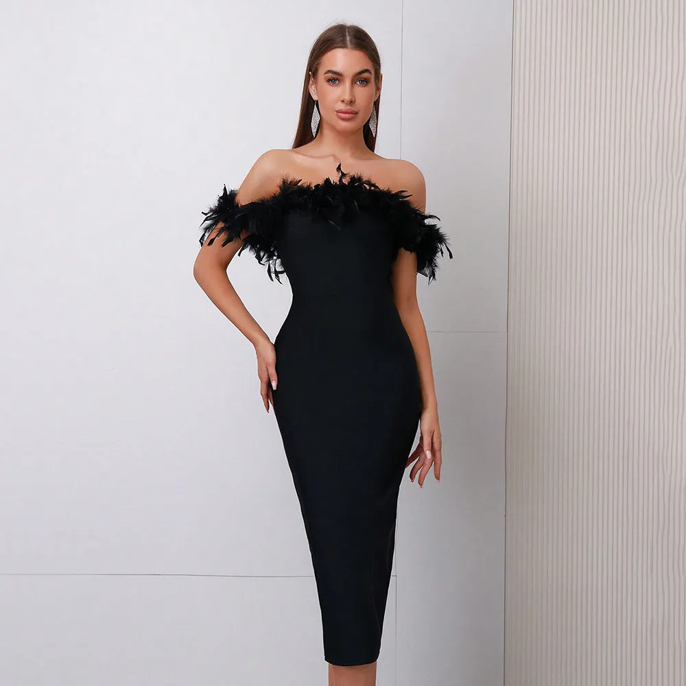 Modphy Feather Bandage Off-Shoulder Dress