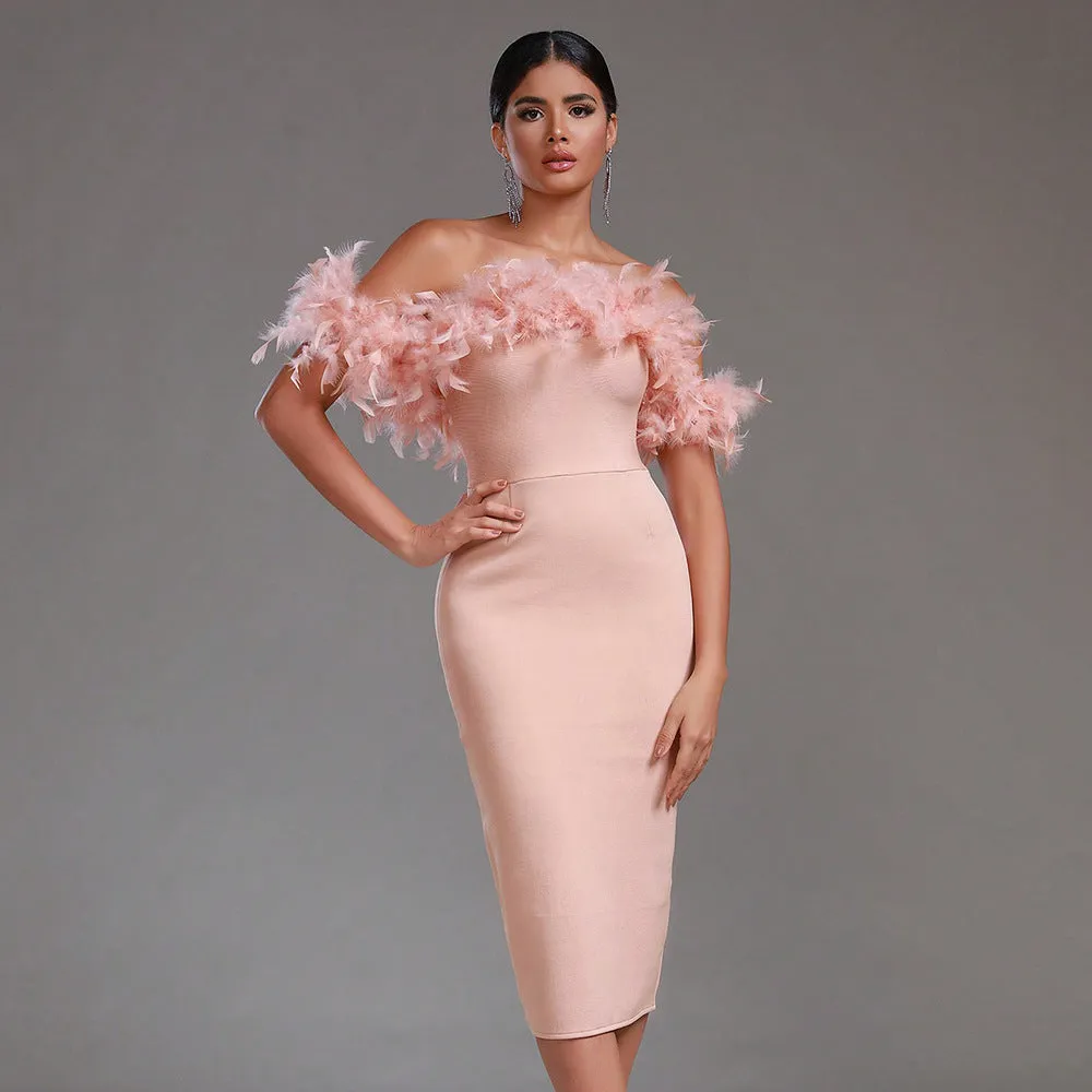 Modphy Feather Bandage Off-Shoulder Dress