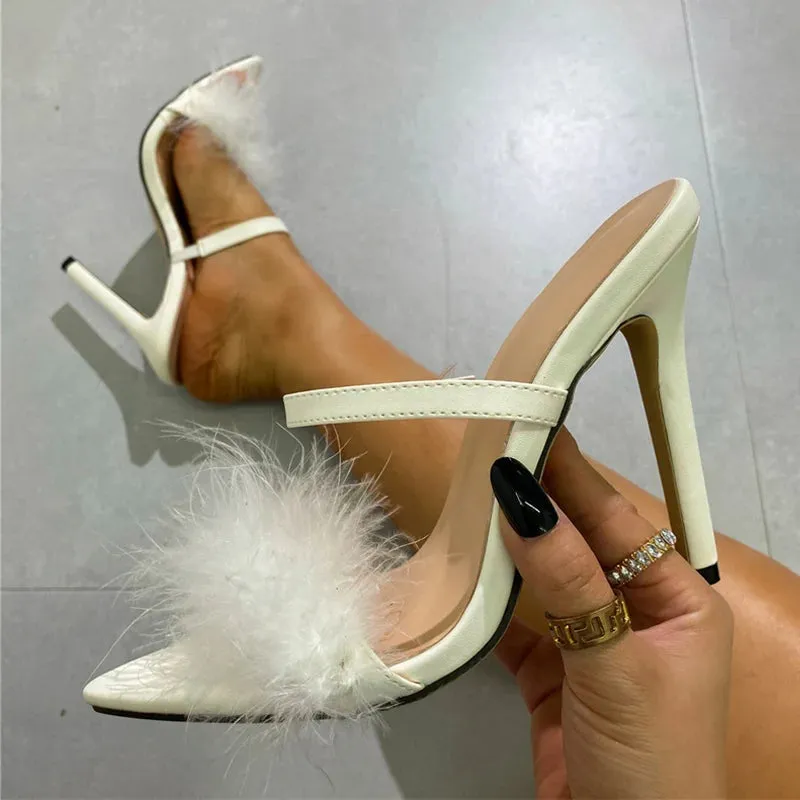 New Design Pink Fluffy Feather High Heels Slippers Female Fashion Peep Toe Summer Sandals