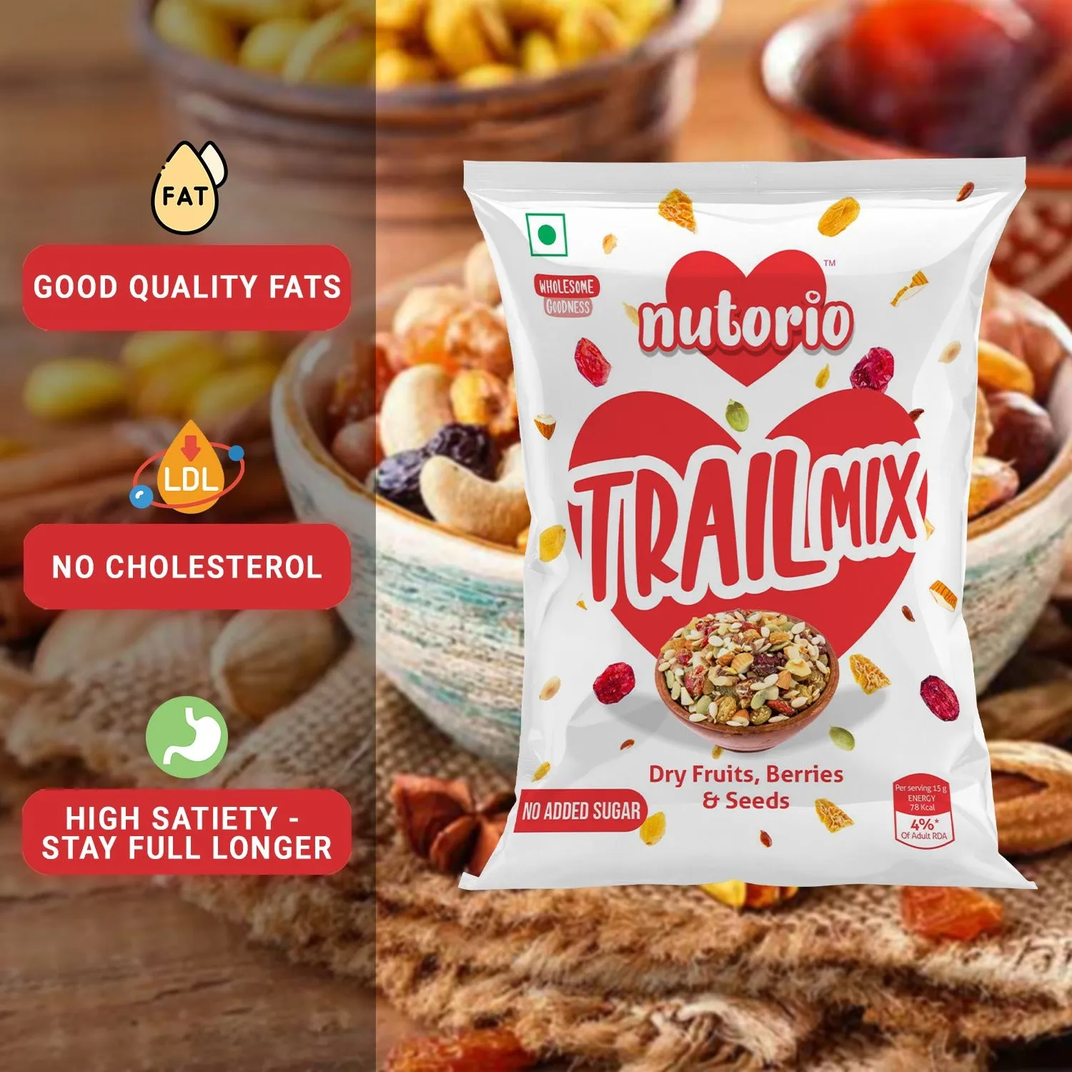 Nutorio Trail Mix, Healthy & Roasted Snack with Mix of Dry Fruits, Berries and Seeds 15 g (Pack of 15)