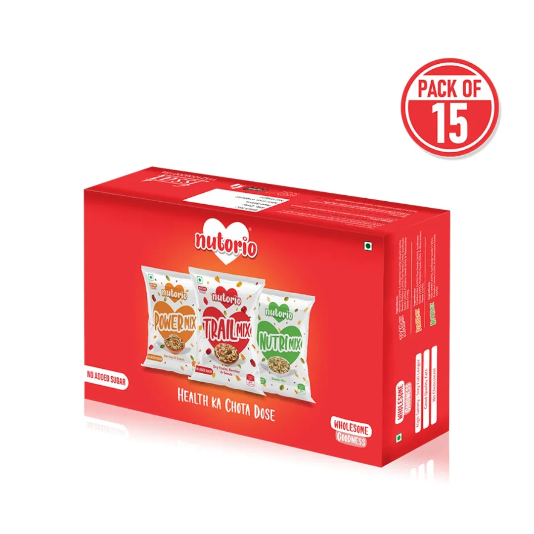 Nutorio Trail Mix, Healthy & Roasted Snack with Mix of Dry Fruits, Berries and Seeds 15 g (Pack of 15)