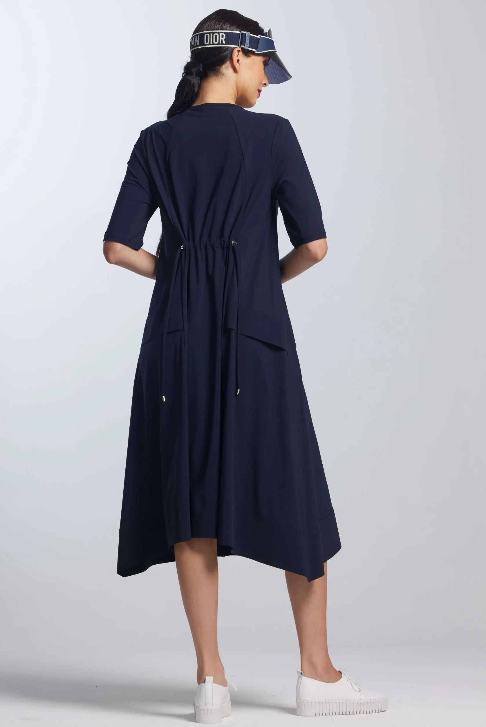 PAULA RYAN A-Line Half Sleeve Tab Dress - Navy - Microjersey