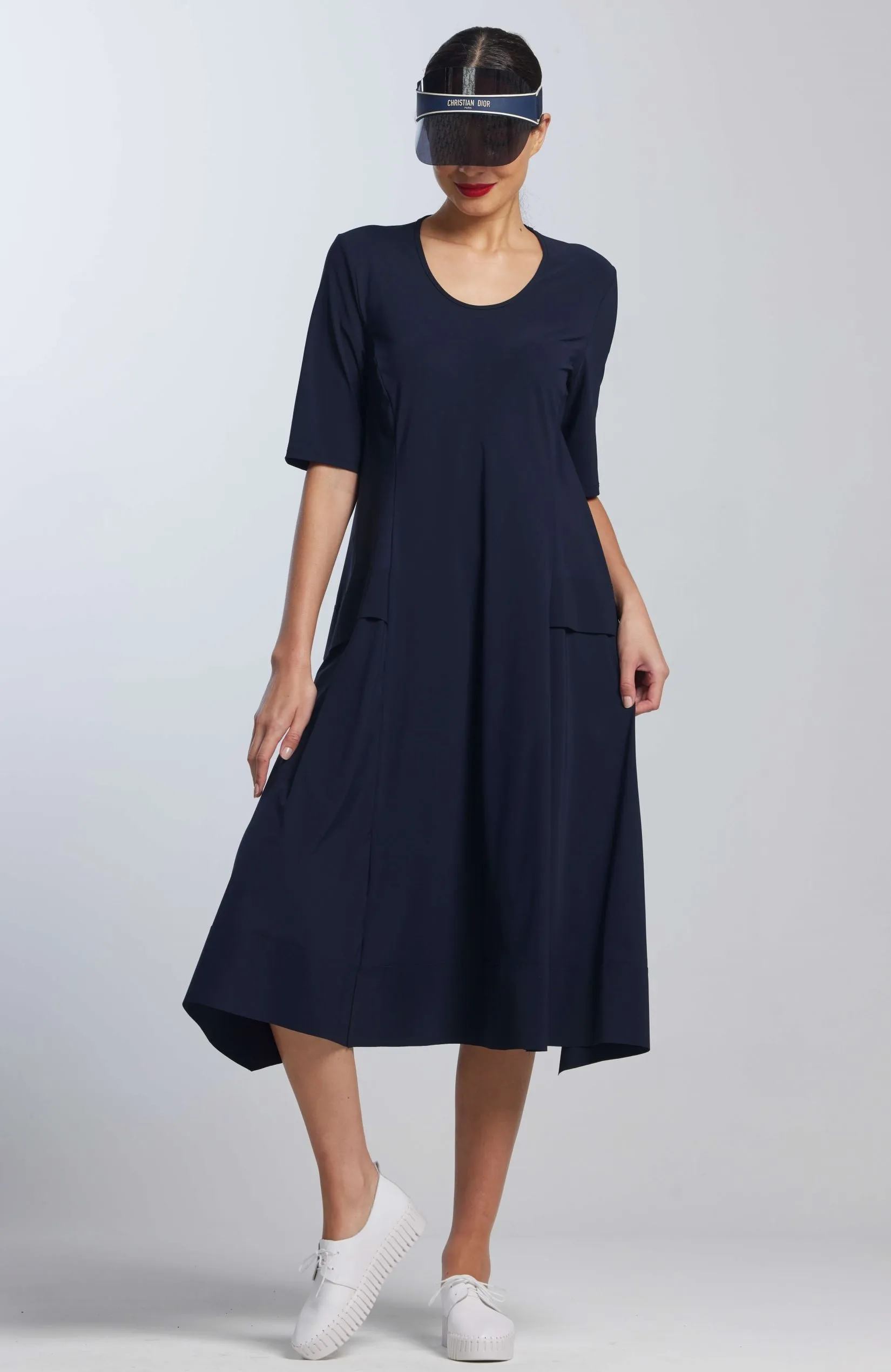 PAULA RYAN A-Line Half Sleeve Tab Dress - Navy - Microjersey