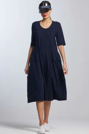 PAULA RYAN A-Line Half Sleeve Tab Dress - Navy - Microjersey