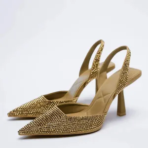 Pointy Toe Rhinestone Embellished Slingback Heels
