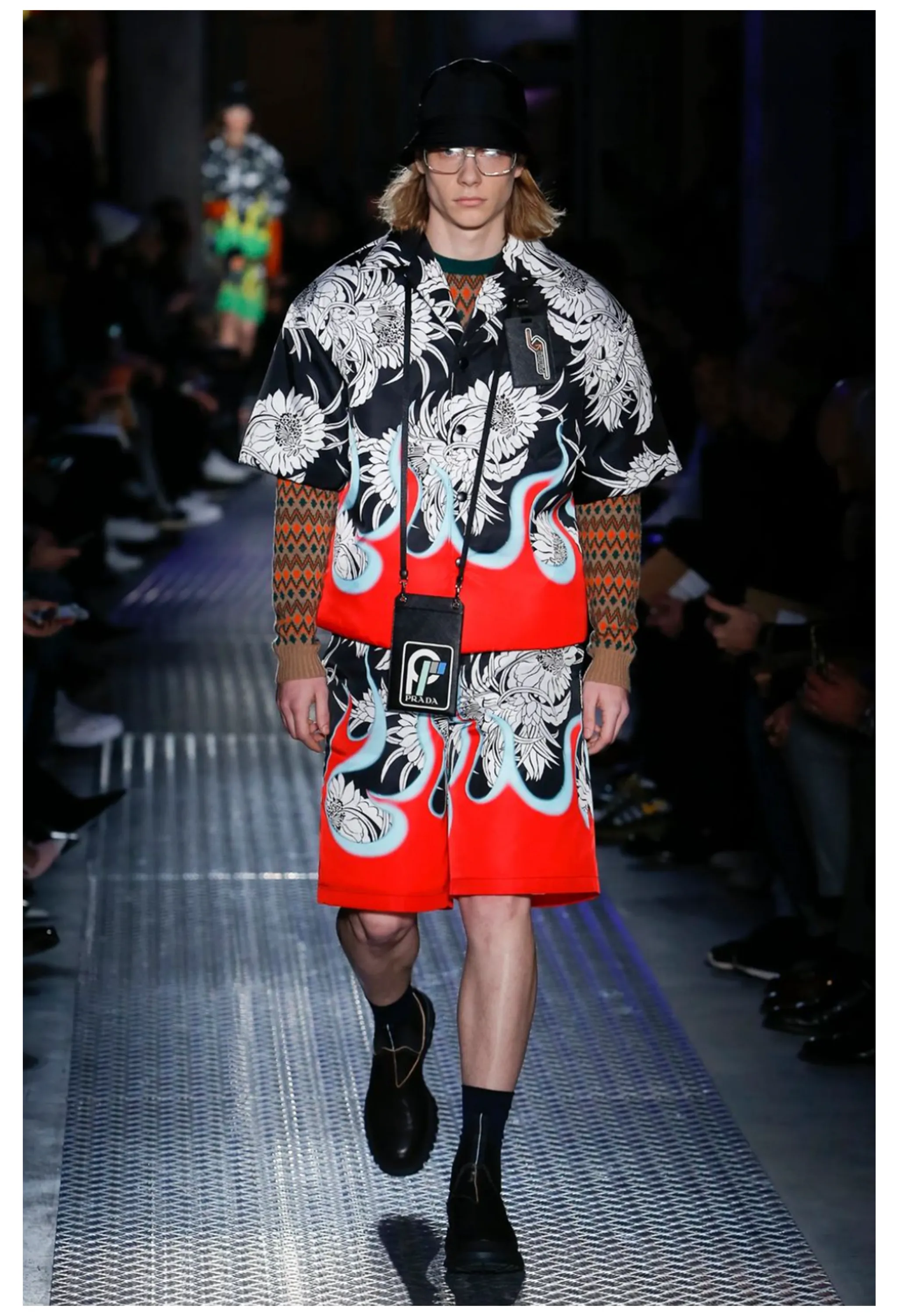 PRADA BLACK, WHITE, FLORAL SHOES WITH FLAMES 2018