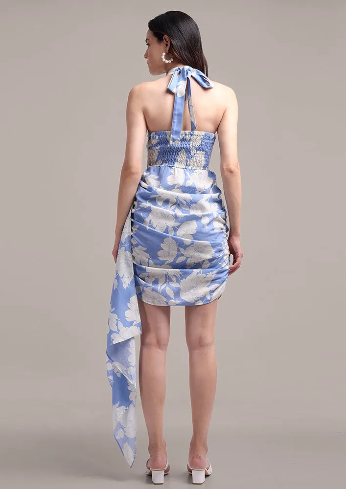 Printed Linen Halter Neck Dress With Side Trail