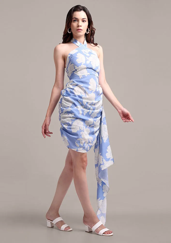 Printed Linen Halter Neck Dress With Side Trail