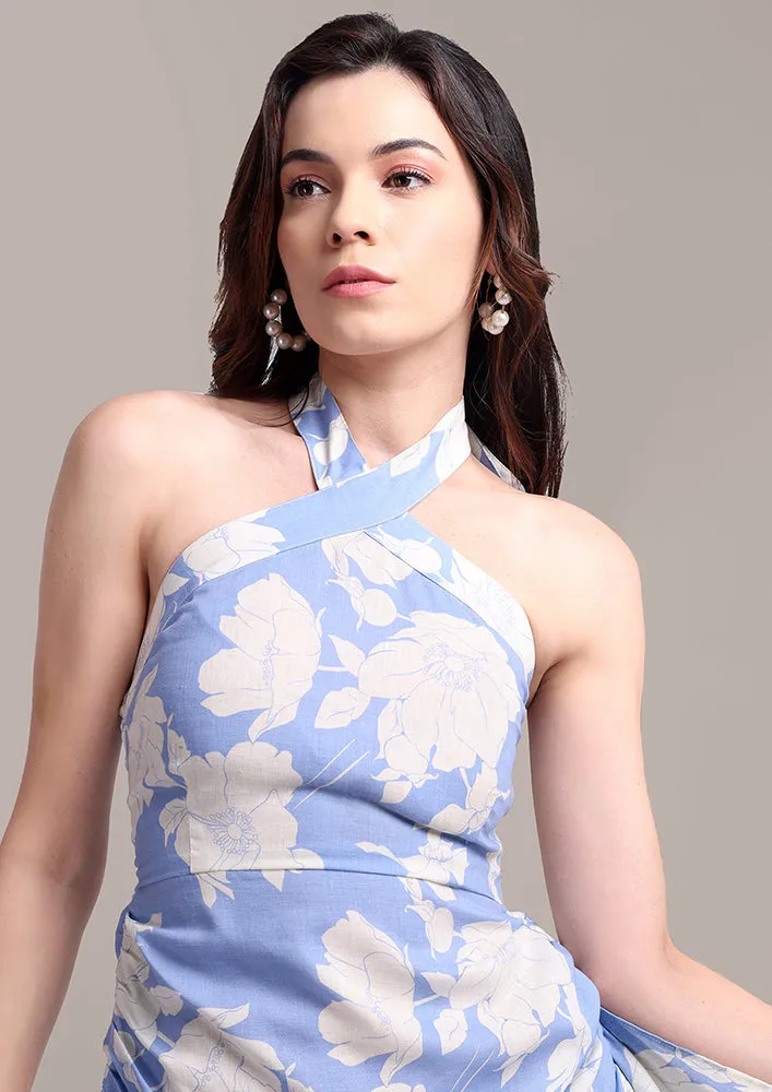 Printed Linen Halter Neck Dress With Side Trail