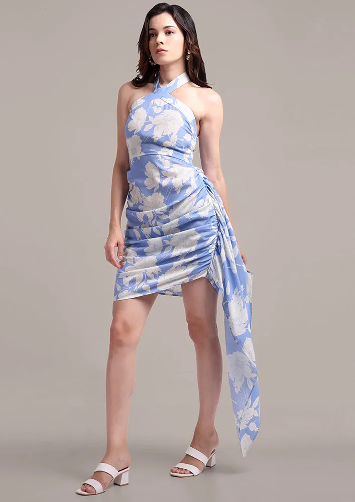 Printed Linen Halter Neck Dress With Side Trail