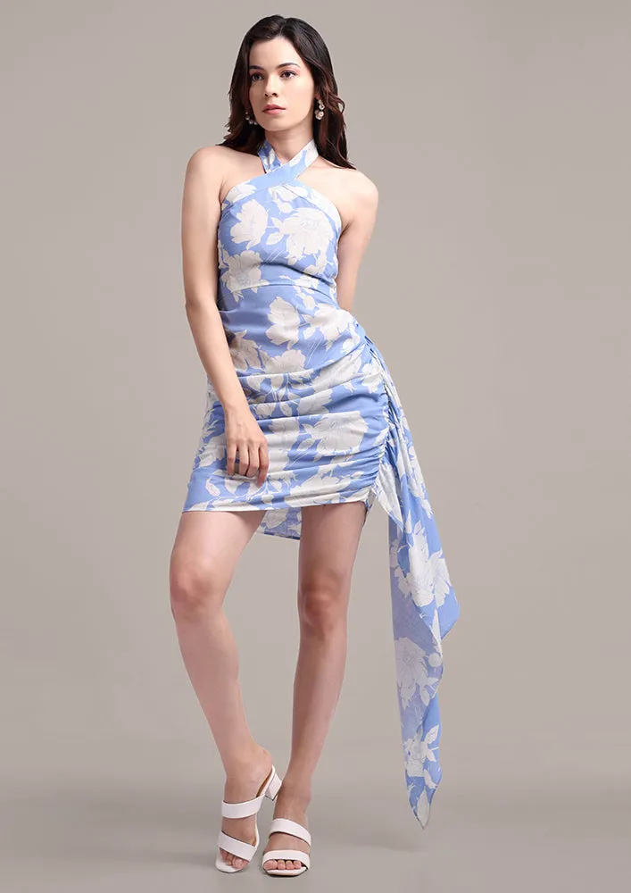 Printed Linen Halter Neck Dress With Side Trail