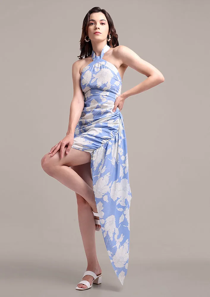 Printed Linen Halter Neck Dress With Side Trail
