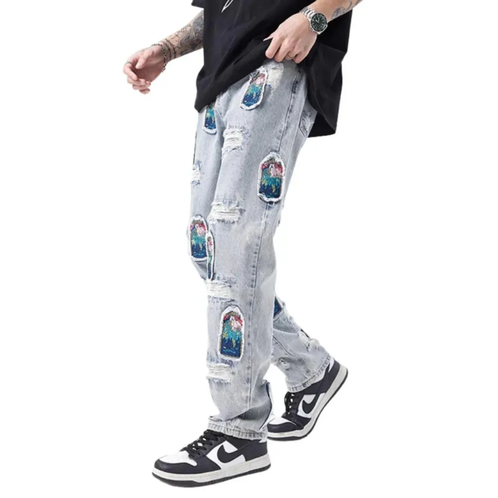 "High Street Patch Embroidery Ripped" Jeans