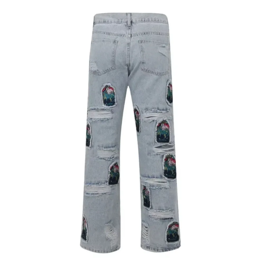 "High Street Patch Embroidery Ripped" Jeans