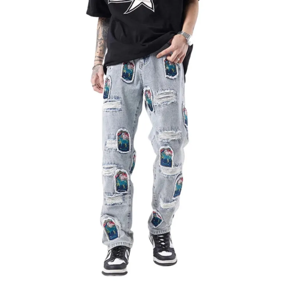 "High Street Patch Embroidery Ripped" Jeans