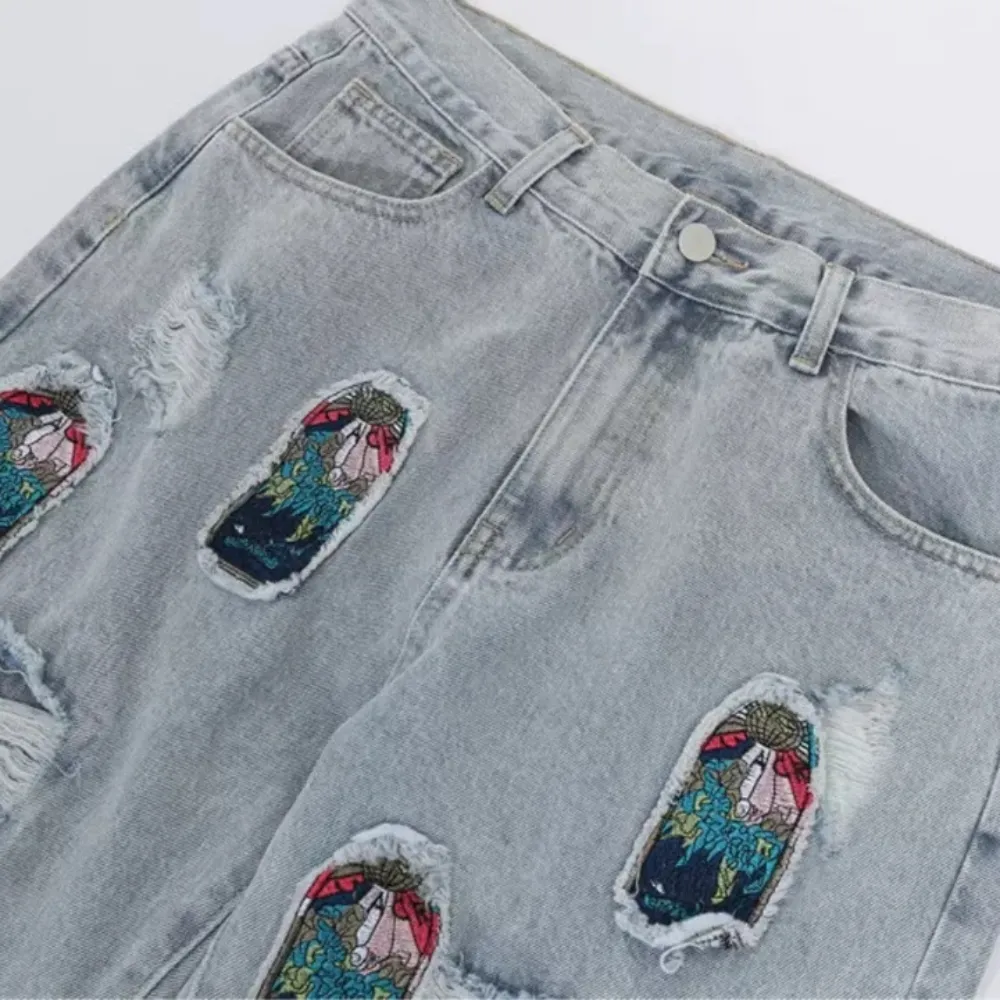 "High Street Patch Embroidery Ripped" Jeans