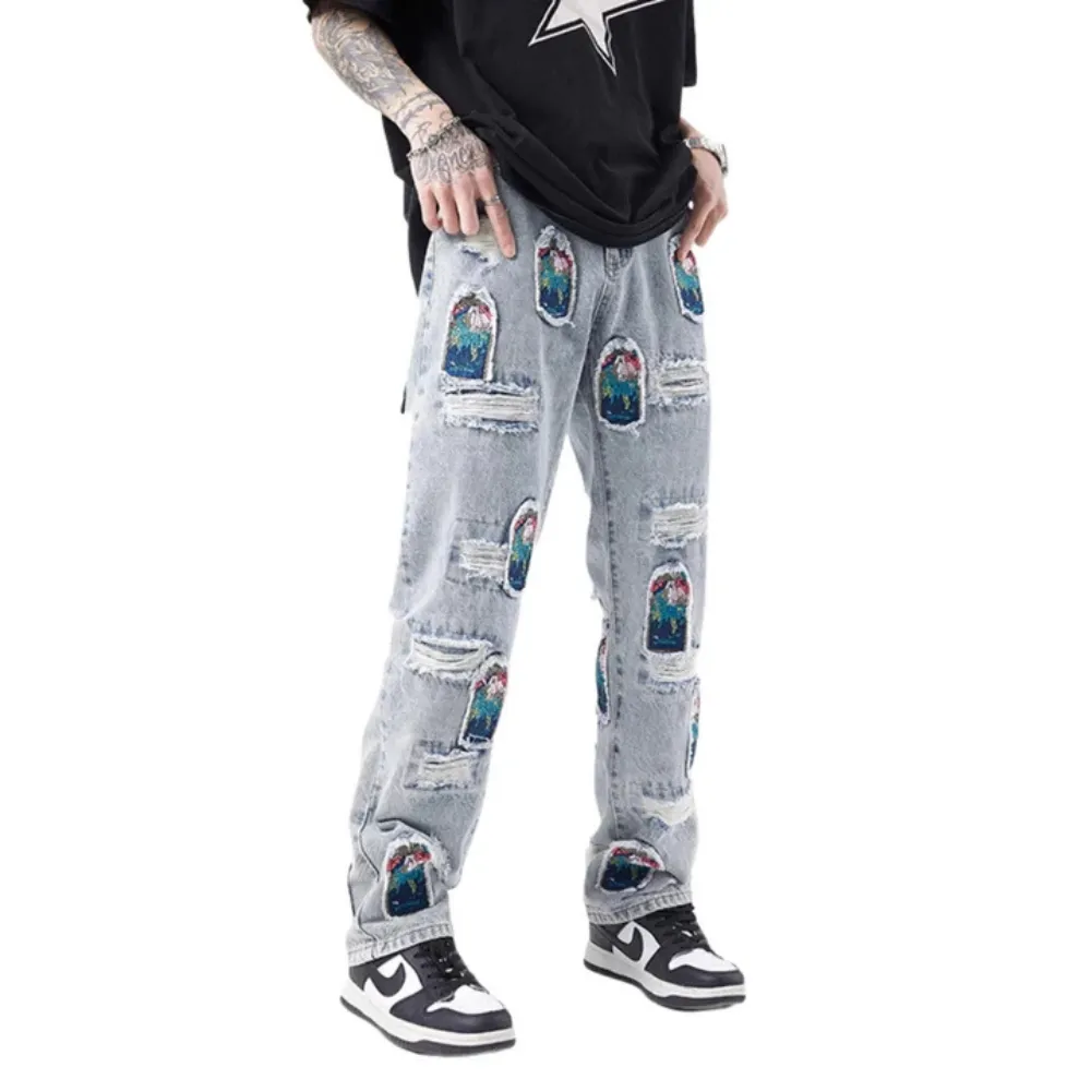 "High Street Patch Embroidery Ripped" Jeans