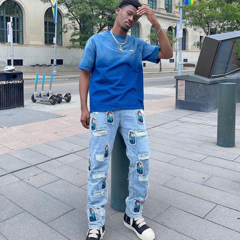 "High Street Patch Embroidery Ripped" Jeans