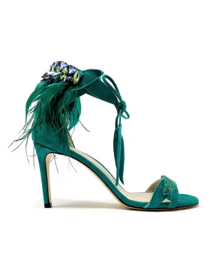 "Maira" Feathered and Jewels Detail Suede Sandals