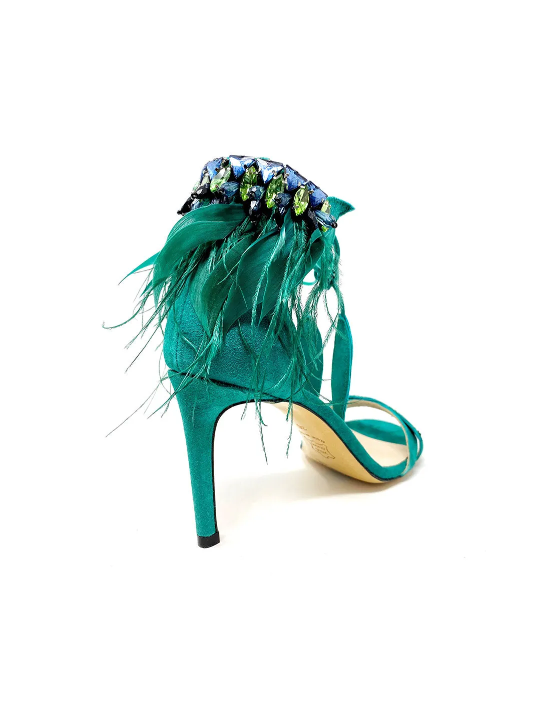 "Maira" Feathered and Jewels Detail Suede Sandals