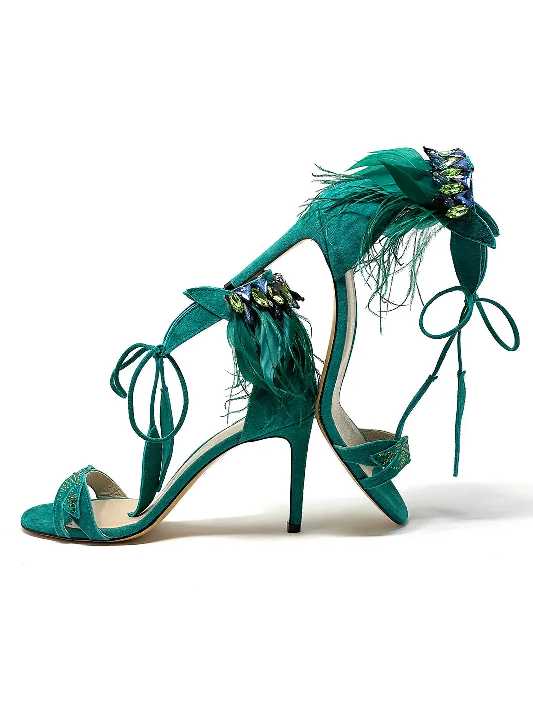 "Maira" Feathered and Jewels Detail Suede Sandals