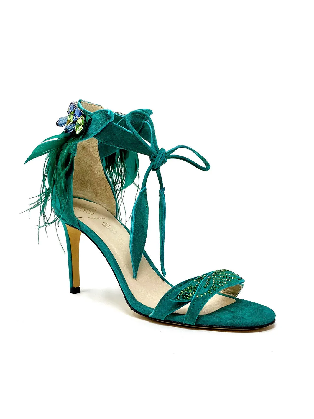 "Maira" Feathered and Jewels Detail Suede Sandals