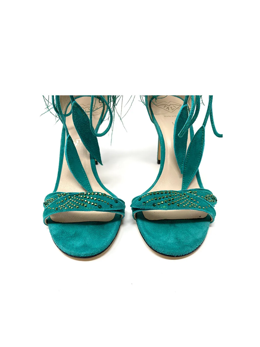 "Maira" Feathered and Jewels Detail Suede Sandals