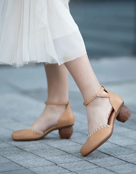 Real Leather Embroidery Elegant Chunky Heel Ankle Strap Pumps