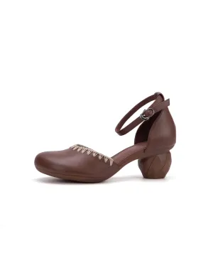 Real Leather Embroidery Elegant Chunky Heel Ankle Strap Pumps