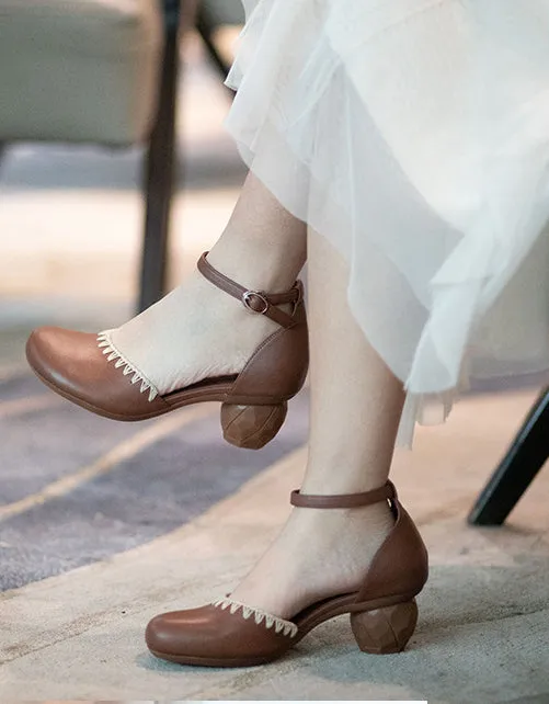 Real Leather Embroidery Elegant Chunky Heel Ankle Strap Pumps