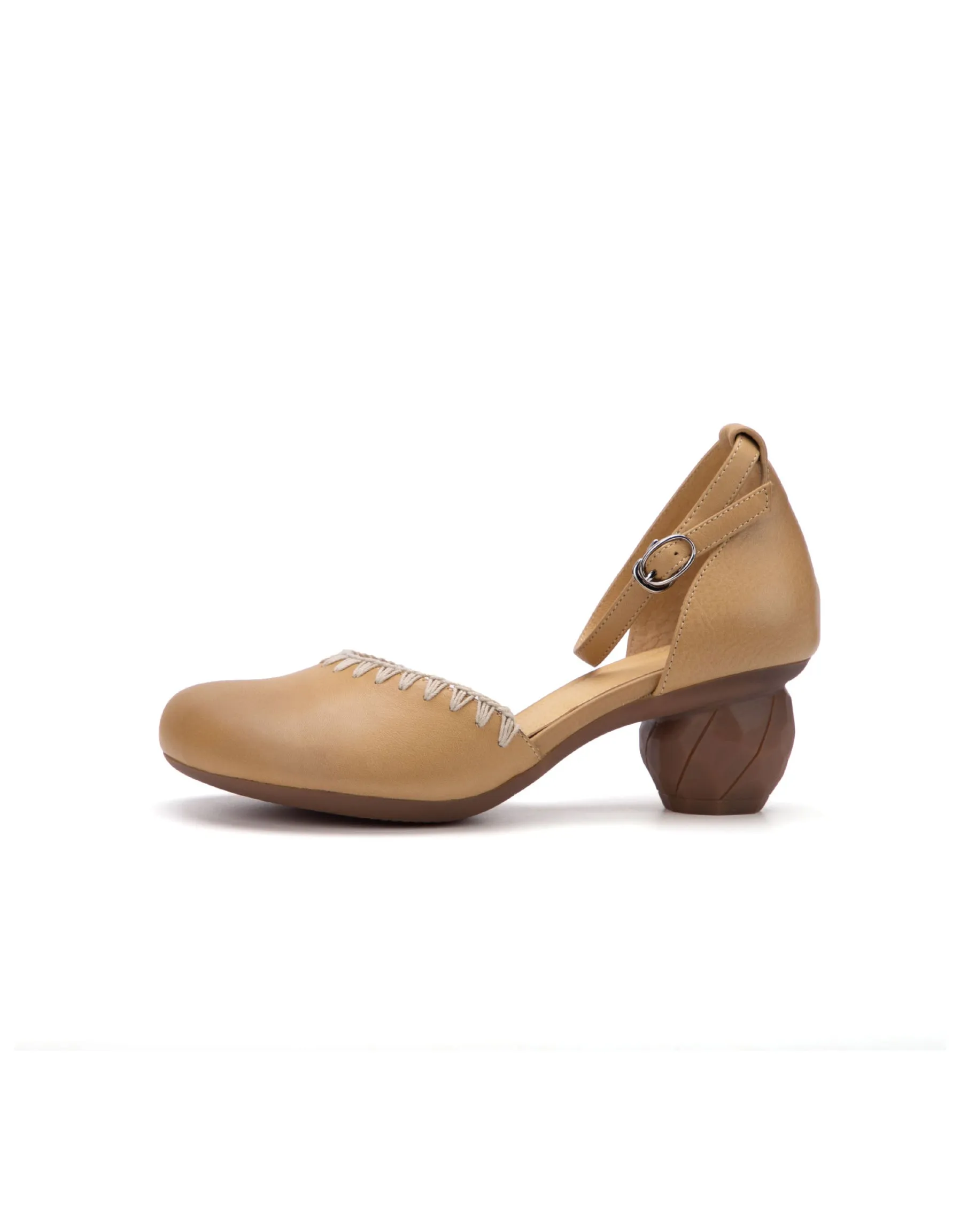 Real Leather Embroidery Elegant Chunky Heel Ankle Strap Pumps