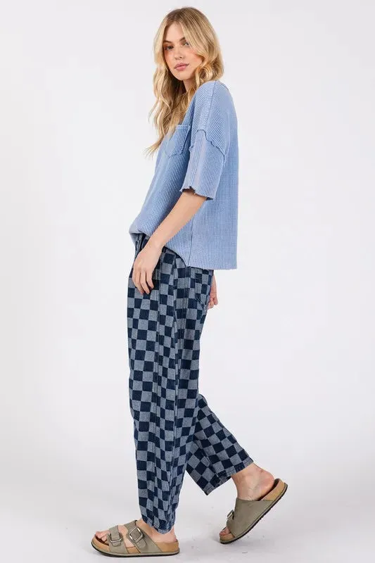 SAGE FIG Barrel Style Leg Checkered Print Jeans
