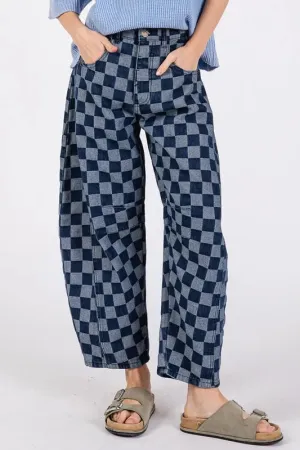 SAGE FIG Barrel Style Leg Checkered Print Jeans
