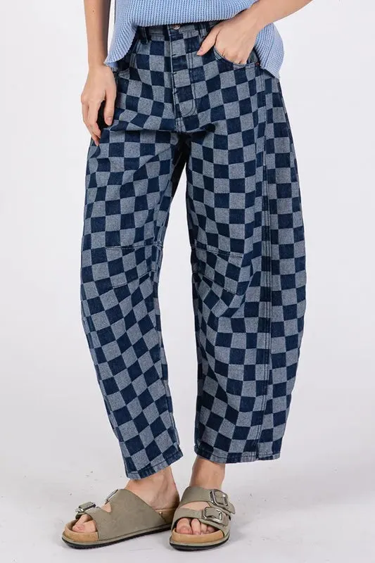 SAGE FIG Barrel Style Leg Checkered Print Jeans