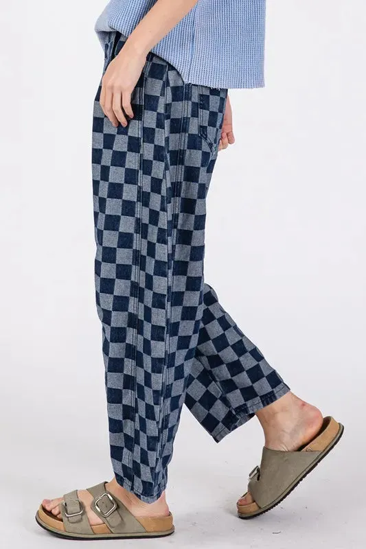 SAGE FIG Barrel Style Leg Checkered Print Jeans