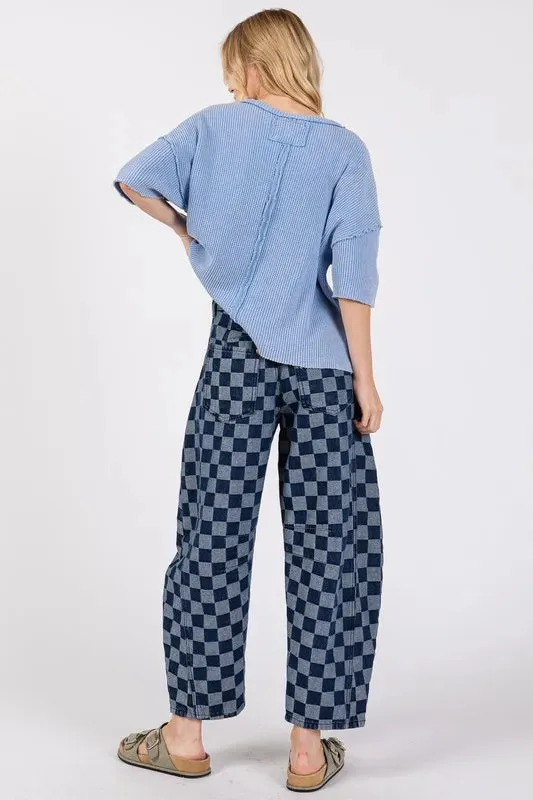 SAGE FIG Barrel Style Leg Checkered Print Jeans