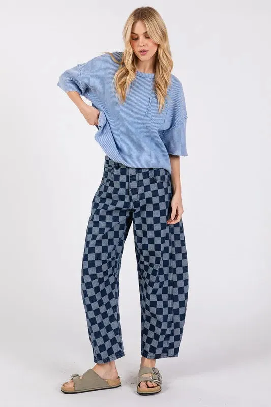 SAGE FIG Barrel Style Leg Checkered Print Jeans