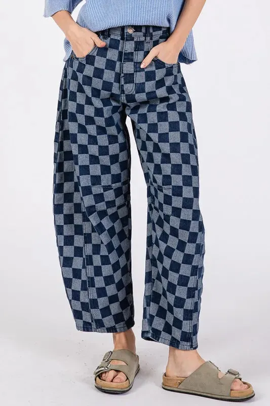 SAGE FIG Barrel Style Leg Checkered Print Jeans