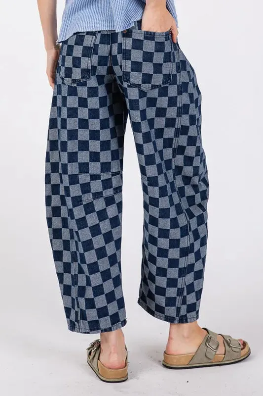 SAGE FIG Barrel Style Leg Checkered Print Jeans