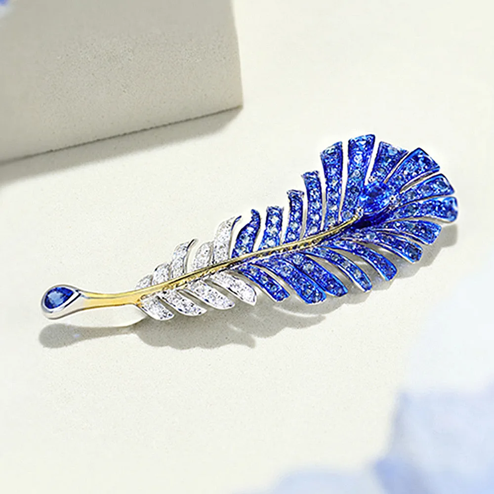 Sapphire Diamond Feather Shaped Brooch Pendant