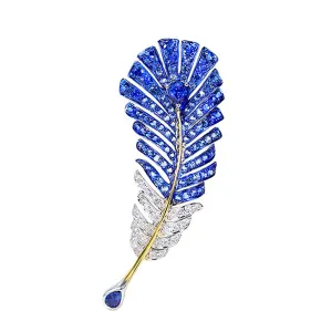 Sapphire Diamond Feather Shaped Brooch Pendant