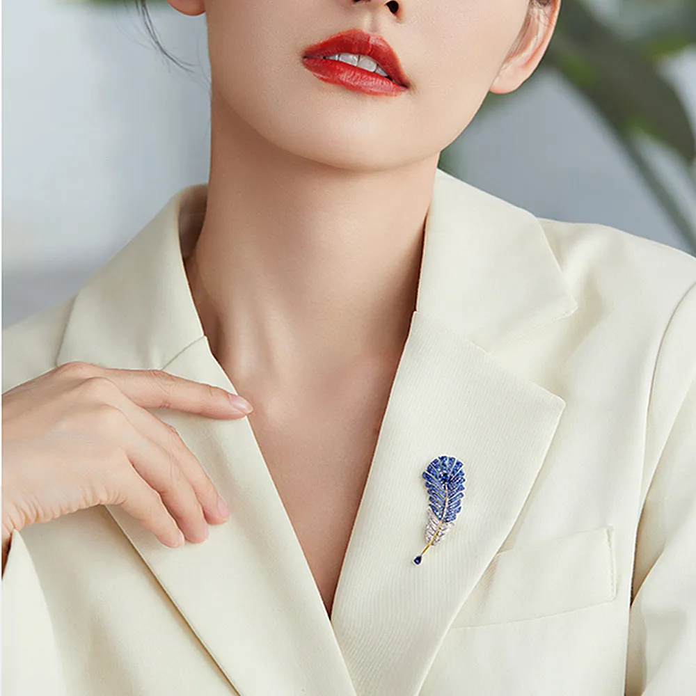 Sapphire Diamond Feather Shaped Brooch Pendant