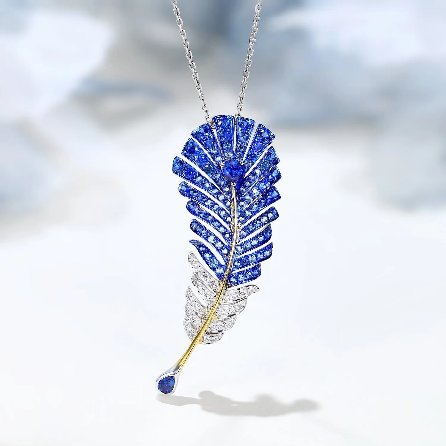Sapphire Diamond Feather Shaped Brooch Pendant